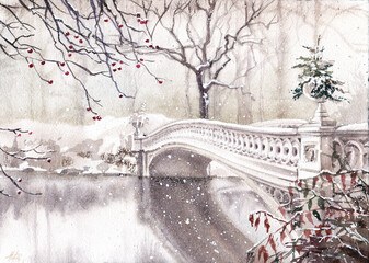 Winter park in watercolor; white bridge over the river; snow and reflection in the water.Illustration in brown.