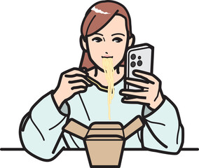 テイクアウトボックスのパスタを食べながらスマホを見る女性