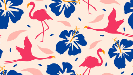 Cute colorful seamless vector pattern illustration with pink flamingos and blue hibiscus flowers on pastel background