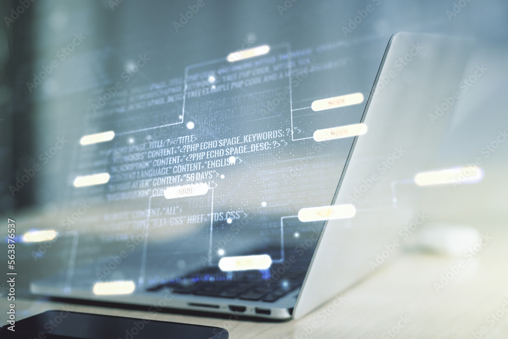 Aufkleber Double exposure of abstract programming language on laptop background, research and development concept