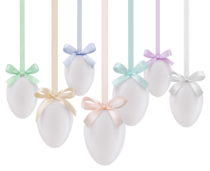 happy Easter decorations white eggs with shiny ribbons bows in pastel light colors, hanging on transparent background. Template for label, gift greeting card, promotional sale banner or ticket price