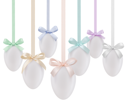 happy Easter decorations white eggs with shiny ribbons bows in pastel light colors, hanging on transparent background. Template for label, gift greeting card, promotional sale banner or ticket price