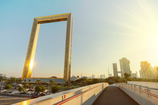 Amazing panoramic view of the world largest gold frame made in Dubai, UAE Dubai frame featuring Dubai skyline on day