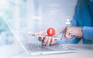 Businessman using smartphone touch microphone button on virtual screen. Blog blog speak talk advertising presentation,Voice recognition, speech detection and deep learning application,Voice Assistance