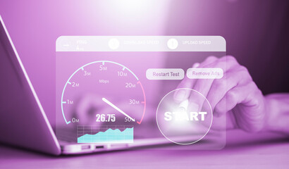 Fototapeta premium Fast internet connection with Metaverse technology concept, Hand holding smartphone and Virtual screen of Internet speed measurement,Internet and technology concept, 5G Hi speed internet concept
