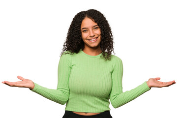 Young african american curly woman isolated showing a welcome expression.