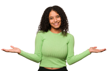 Young african american curly woman isolated showing a welcome expression.