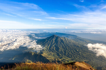 Batur caldera view from the ridge of Agung volcano at Bali island, Indonesia. Beatiful balinese...
