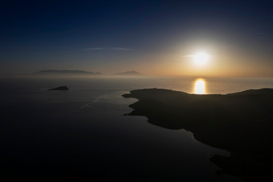 Aerial view at sunset in Seferihisar Doğanbey, a decent holiday town. Izmir Turkey