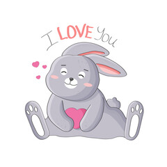 Fototapeta premium Cute grey bunny with pink heart on transparent background. Handrawn phrase 
