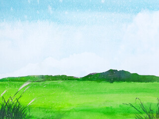 Watercolor summer painting landscape green field with blue sky in countryside. 
