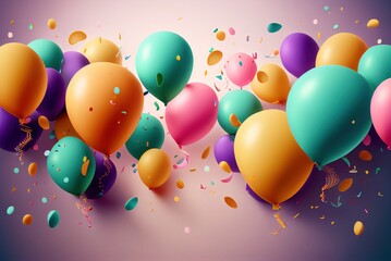 Festive background with balloons and confetti. Generative AI