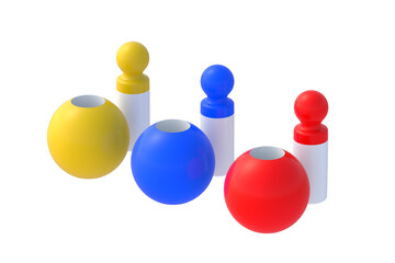 Row of dolls isolated on white background. Educational logic toys. Montessori games. 3d render