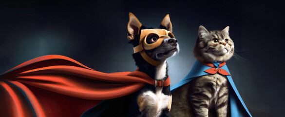 Dog and cat as superheroes with cape against dark background, generative ai
