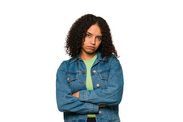 Young african american curly woman isolated who is bored, fatigued and need a relax day.