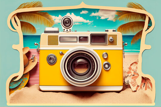 Travel photo vacation summer holidays concept. 60s retro style camera. Digital Illustration, Generative AI