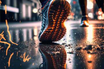 Runner in running shoes in a city on concrete after rainfall, generative ai