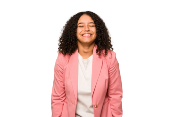 Young african american curly woman isolated laughs and closes eyes, feels relaxed and happy.