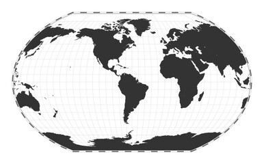 Vector world map. Kavrayskiy VII pseudocylindrical projection. Plain world geographical map with latitude and longitude lines. Centered to 60deg E longitude. Vector illustration.