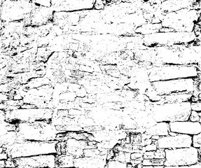 Texture of old dark gloomy dirty crumbling brick wall of ancient facade. Uneven pitted rot surface of fissured brickwork. Rusted ragged flaky particles. Decayed daub brickwall background for 3D design