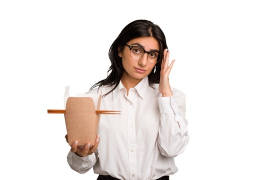 Young business indian woman eating takeaway noodles cut out isolated pointing temple with finger, thinking, focused on a task. - Powered by Adobe