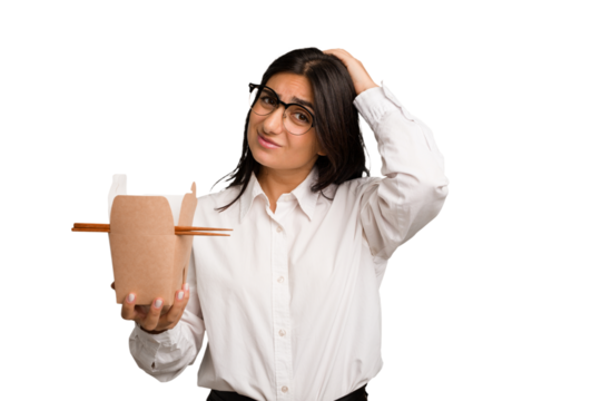 Young business indian woman eating takeaway noodles cut out isolated touching back of head, thinking and making a choice.
