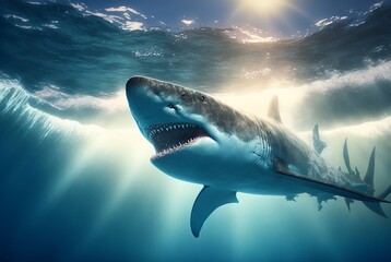 Obraz premium A grey shark jaws ready to attack underwater close up portrait. AI generated