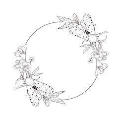 Line art floral wreath with moths, butterflies and flowers