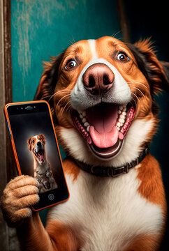 funny dog taking a selfie with a smartphone, generative ai