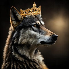 photo of a Wolf with a crown on its head looking at something in the distance with a dark background and a light shining on it - Generative AI