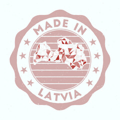 Made In Latvia. Country round stamp. Seal of Latvia with border shape. Vintage badge with circular text and stars. Vector illustration.