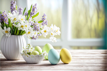 Home interior with easter decor. Spring flowers in a vase and easter eggs