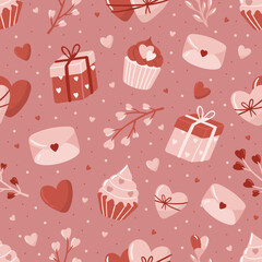 Valentine s Day seamless pattern with hand drawn elements on bright background. Flower, letter, coffee. Background for gift wrapping or fabric design.