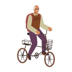 Active pensioner riding bicycle, isolated grandfather cycling for fun or transportation. Senior male character leading active lifestyle. Vector in flat style