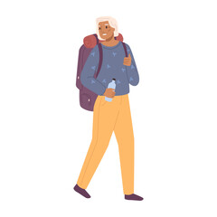 Hiking or trekking senior woman character carrying rucksack. Isolated grandmother leading healthy lifestyle, keeping fit and walking. Vector in flat style