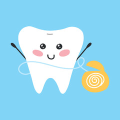 Cute tooth with dental floss kawaii style. Tooth character. Cleaning teeth with dental floss. Vector illustration. Flat cartoon style.
