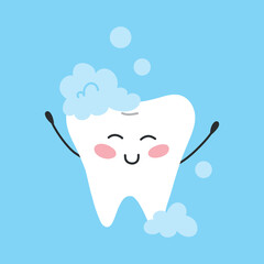 Tooth character in kawaii style. Vector illustration. Flat cartoon style. Foam tooth.