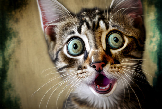 surprised tabby cat portrait with mouth open, wide eyes, cartoon photograph, generative ai