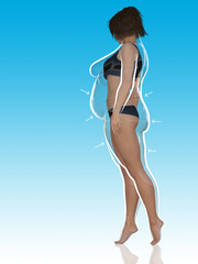 Conceptual fat overweight obese female vs slim fit healthy body after weight loss or diet with white outline and pointing arrows on blue. A  fitness, nutrition or obesity, health shape 3D illustration