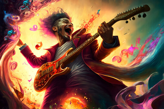 Abstract person playing guitar with vivid energy all around. Generative AI, this image is not based on any original image, character or person.