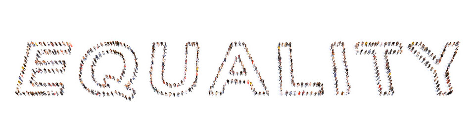 Concept or conceptual large community of people forming EQUALITY message. 3d illustration metaphor to gender equality, equal salery, career and employment opportunities, respect and progress
