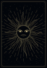 Fototapeta premium tarot card with sun on black background in flat style. black tarot card vector