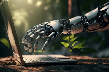 A robot hand touching a laptop keyboard, made with Generative AI. 