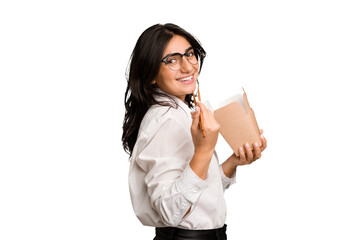 Young business indian woman eating takeaway noodles cut out isolated