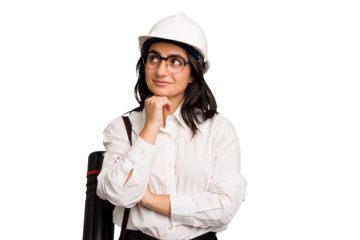 Young architect indian woman with helmet and holding a meter cut out isolated