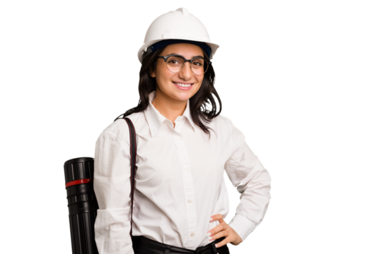 Young architect indian woman with helmet and holding a meter cut out isolated
