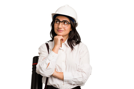Young architect indian woman with helmet and holding a meter cut out isolated