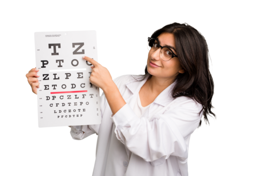 Young indian oculist woman holding an eye chart paper cut out isolated