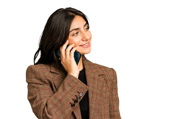 Young indian business woman calling with mobile phone isolated