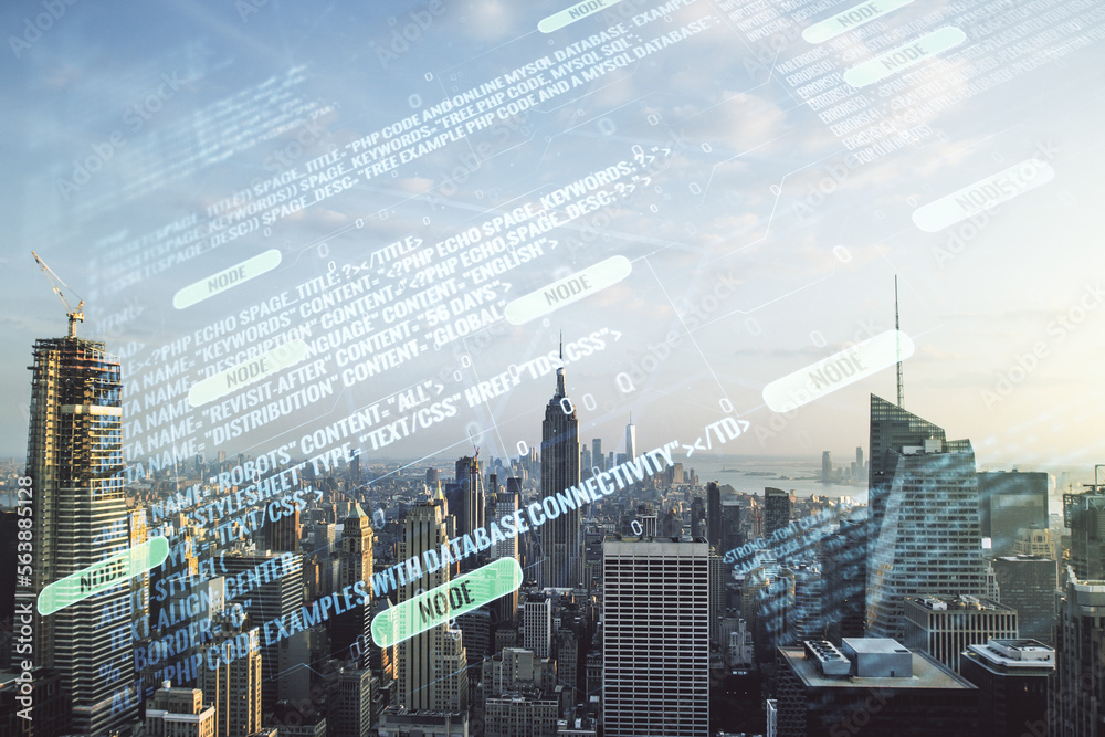 Poster multi exposure of abstract programming language hologram on manhattan office buildings background, a